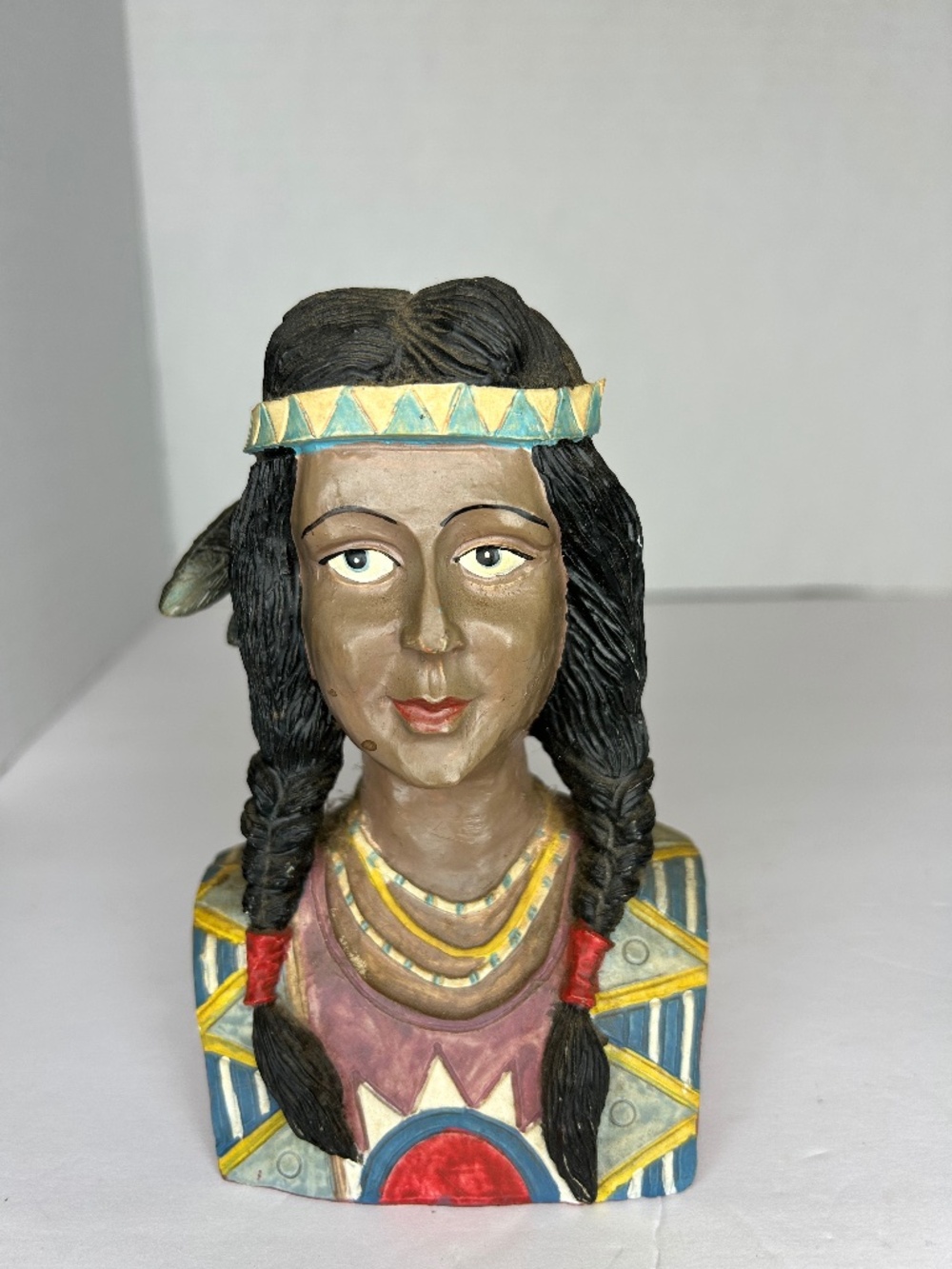 70's Native American Indian Woman Bust Head Statue Resin Decor OOAK Handpainted
